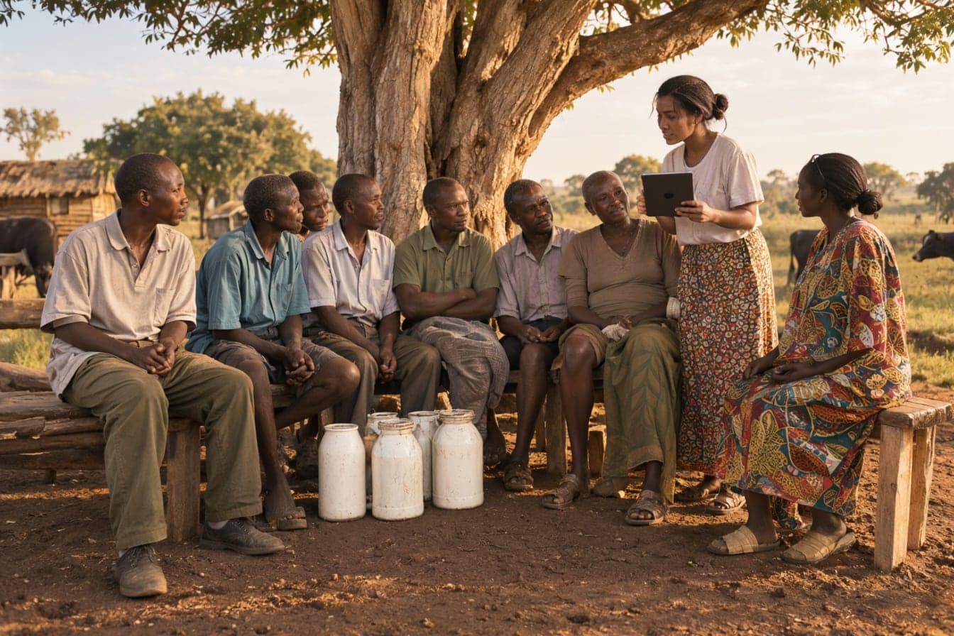 Smallholder farmers gathered under a tree around a tablet