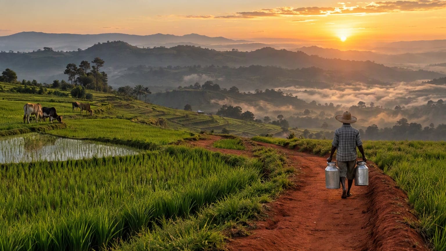 Terraced hills of the Malagasy highlands at sunrise, with a farmer carrying milk cans