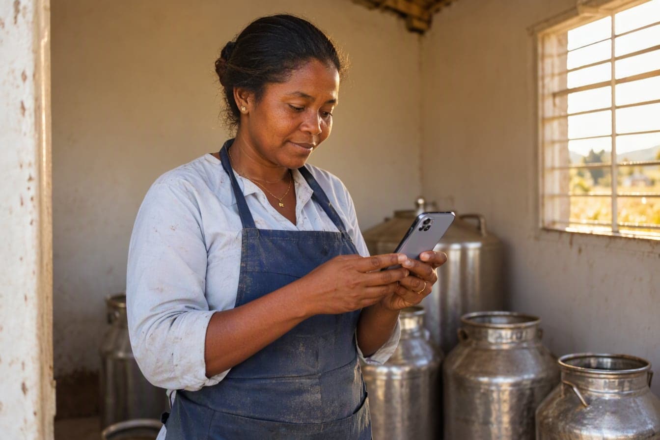 A collection centre manager reads her phone among the milk cans