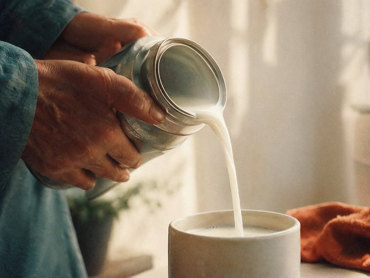 Hands pour fresh milk from a can