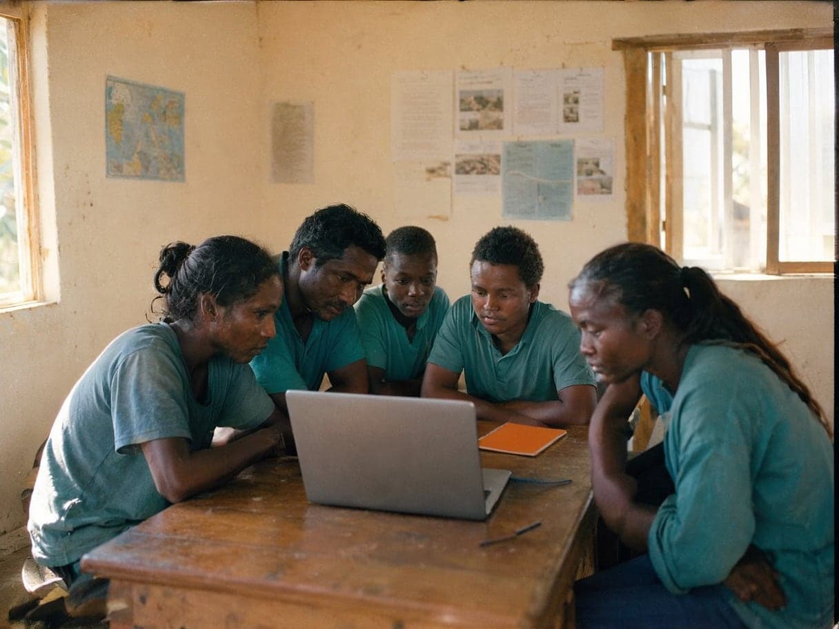 A small team works around a laptop in a rural office